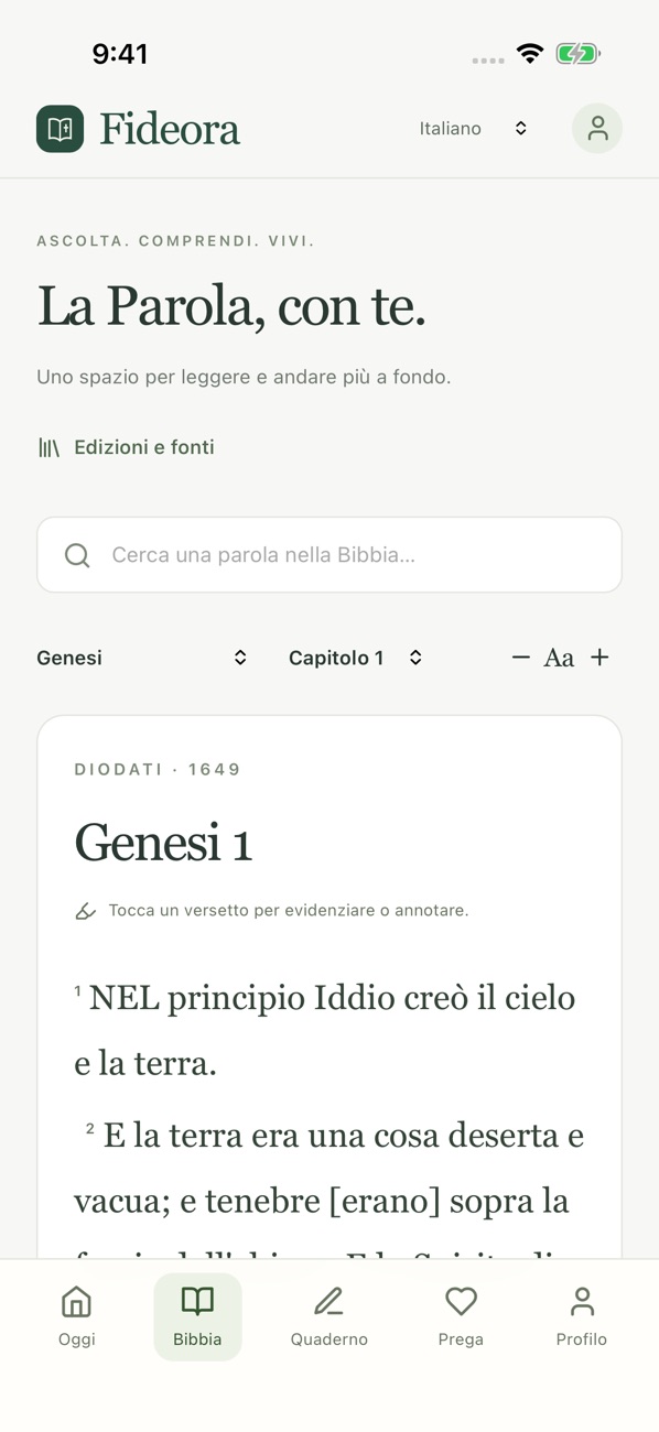 Tela real do Fideora em italiano — bible