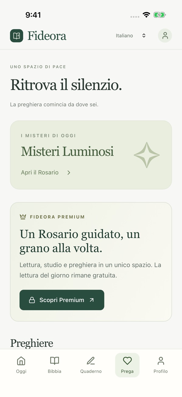Tela real do Fideora em italiano — prayer